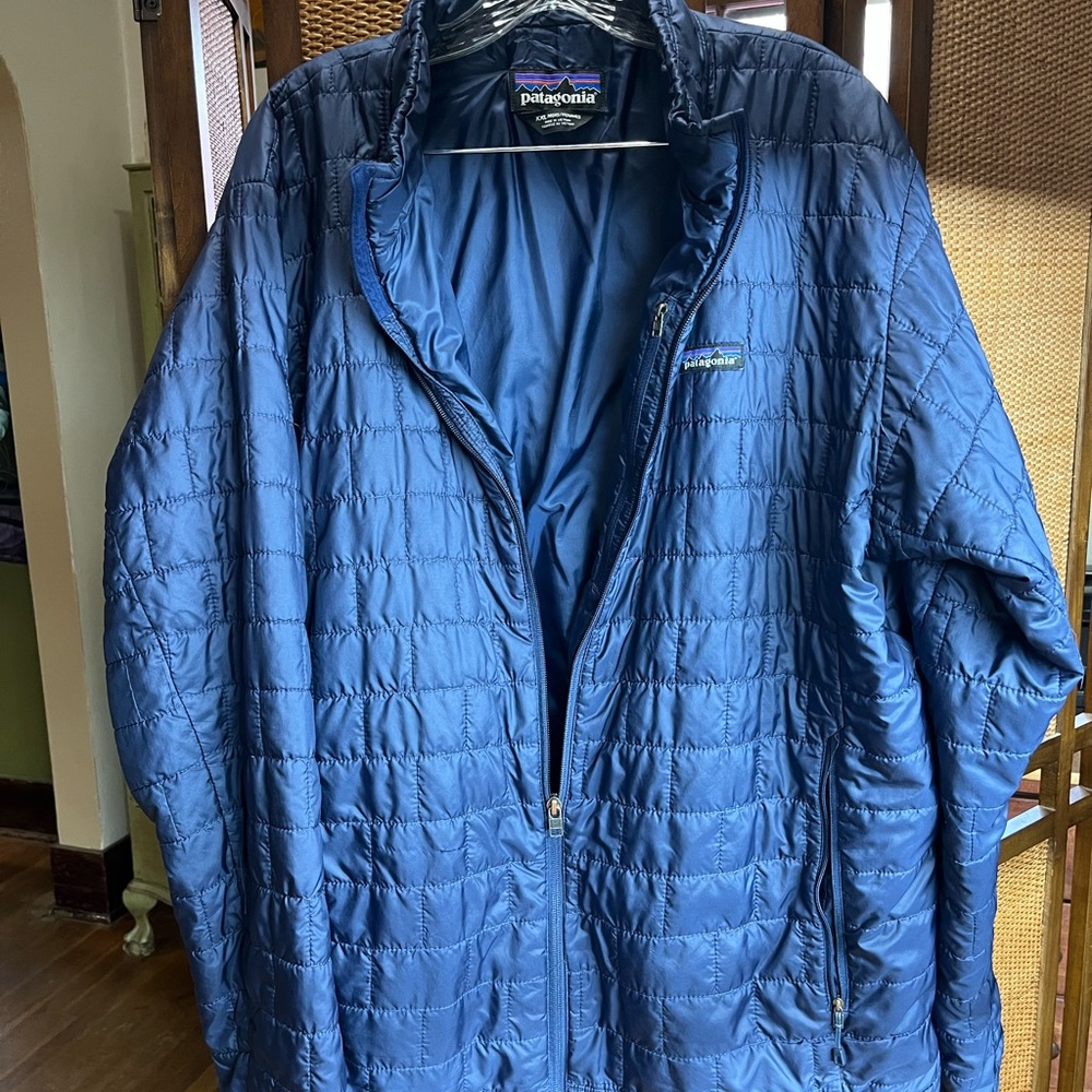 Patagonia Blue Nano Puff Jacket with Quilted Design and Stand-Up Collar